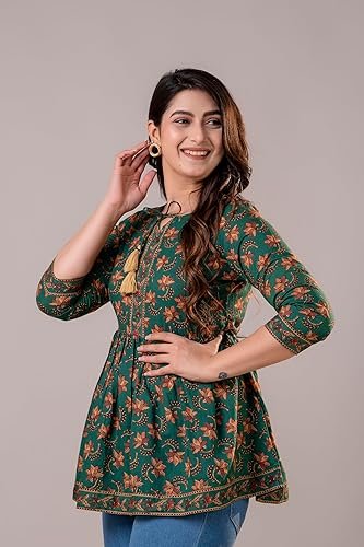 Printed Women Short Kurti Green