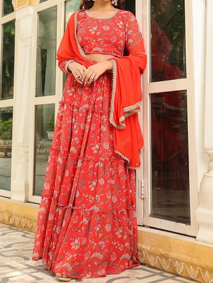 Georgette Readymade Red Lehenga - Image 3