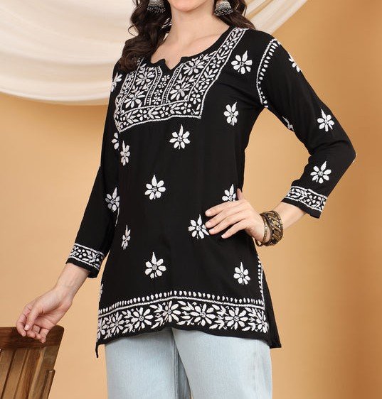 Chikankari Rayon Black Kurti