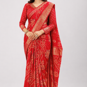 Printed Red Silk Bandhani Saree