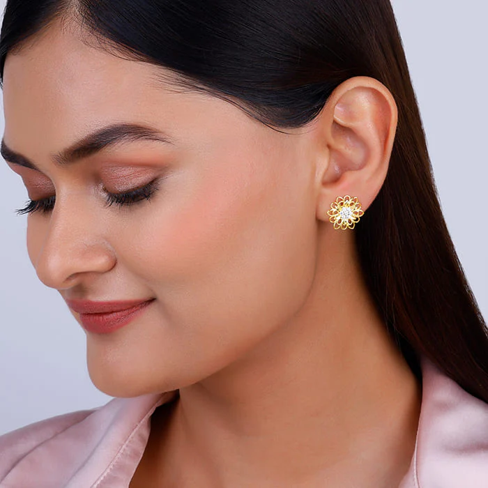 Golden Blooming Flower Stud Earring - Image 2