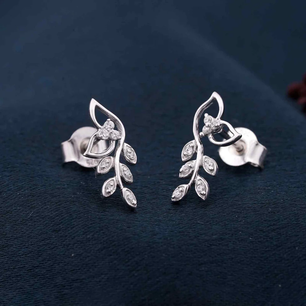 Silver Leaf Stud Earrings - Image 2